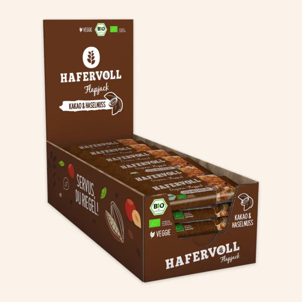 HAFERVOLL Organic Flapjack Cocoa Nib & Hazelnut 60g – im Verkaufstray (18 Stück)