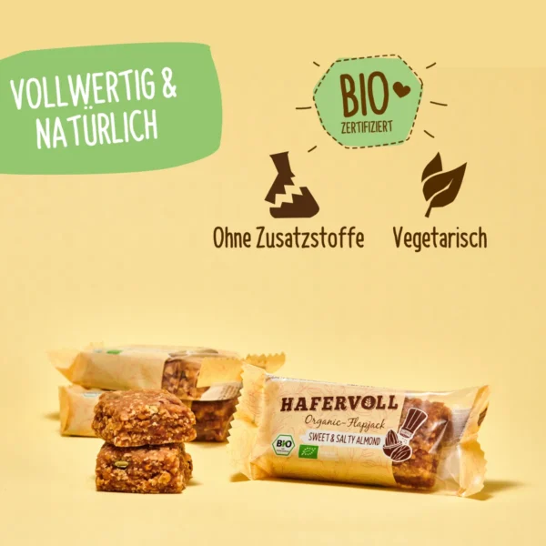 HAFERVOLL Organic Flapjack Sweet & Salty Almond 60g – verpackt und ausgepackt mit Bio-Hinweisen