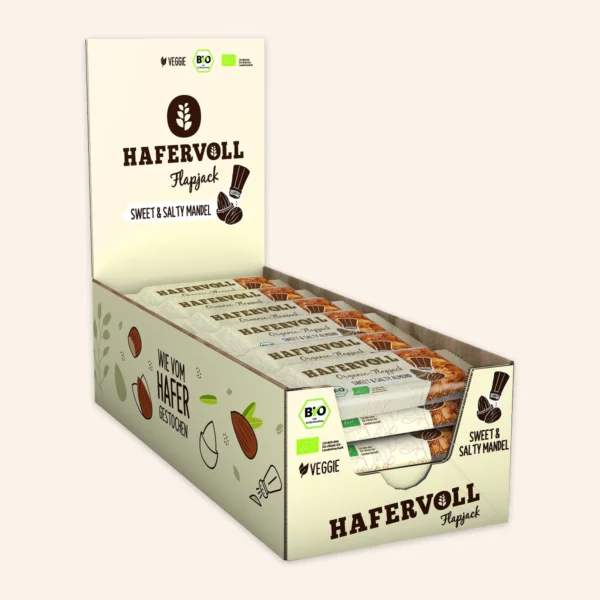 HAFERVOLL Organic Flapjack Sweet & Salty Almond 60g – im Verkaufstray (18 Stück)
