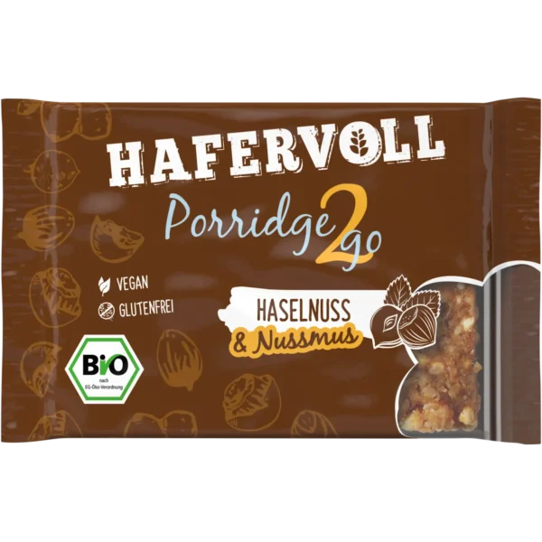HAFERVOLL Porridge2go Haselnuss 55g – veganer, glutenfreier Bio-Haferbrei im Beutel