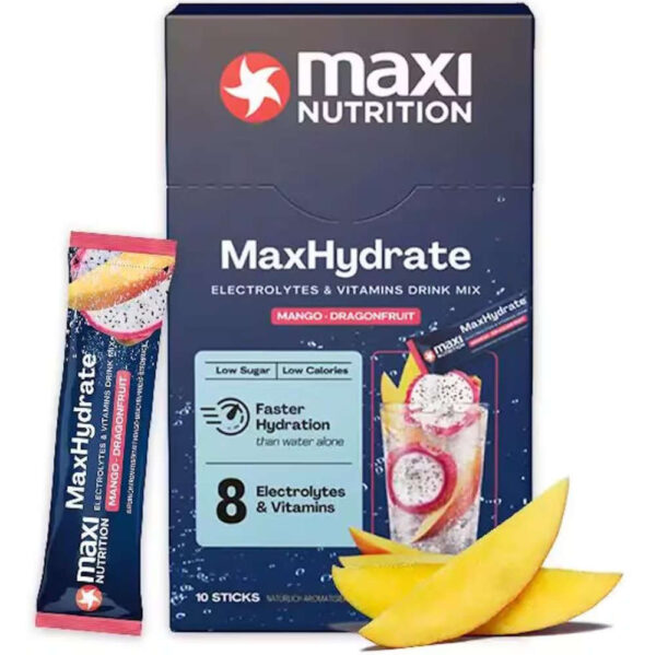 MaxiNutrition MaxHydrate Classic Elektrolyt Drink Sticks Mango Dragonfruit 10x16g – Verpackung