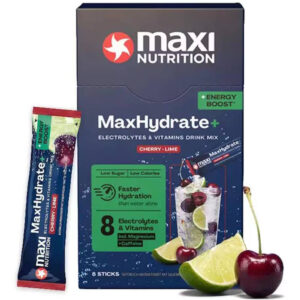 MaxiNutrition MaxHydrate Energy Boost Elektrolyt Drink Sticks Cherry Lime 8x16g – Verpackung