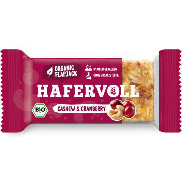 HAFERVOLL Organic Flapjack Berry & Cashew 60g – Riegel in der Verpackung