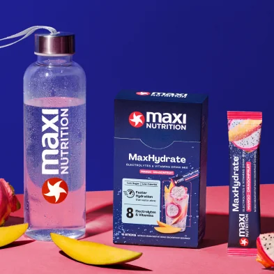 MaxiNutrition MaxHydrate Classic Elektrolyt Drink Stick Mango Dragonfruit 10x16g – Faltschachtel mit Zutaten