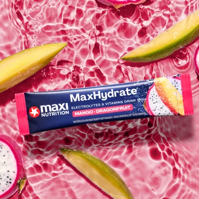 MaxiNutrition MaxHydrate Classic Elektrolyt Drink Stick Mango Dragonfruit 10x16g – im Wasser mit Zutaten