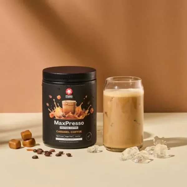 MaxiNutrition MaxPresso Protein Kaffee Caramel Coffee 300g – Shake im Glas